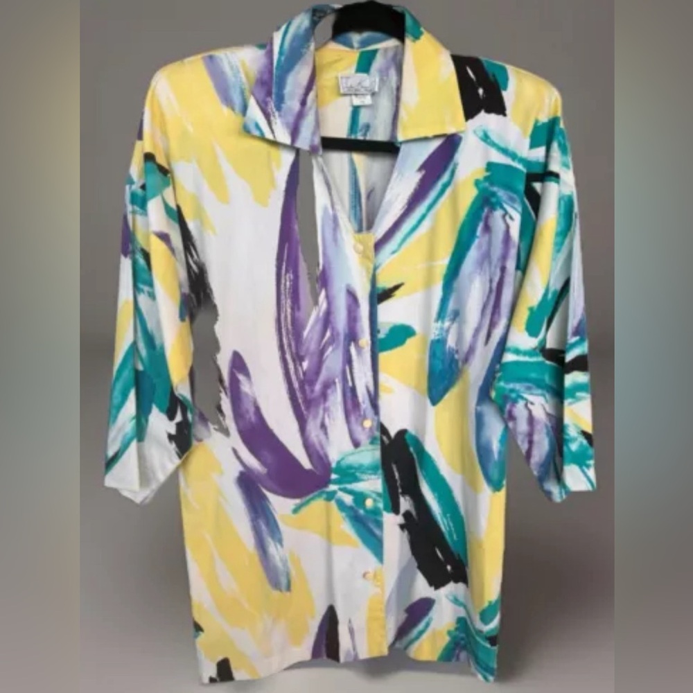 Vintage Sacha Kahn Half Sleeve Cotton ButtonUp Blouse Multicolor Abstract Large*